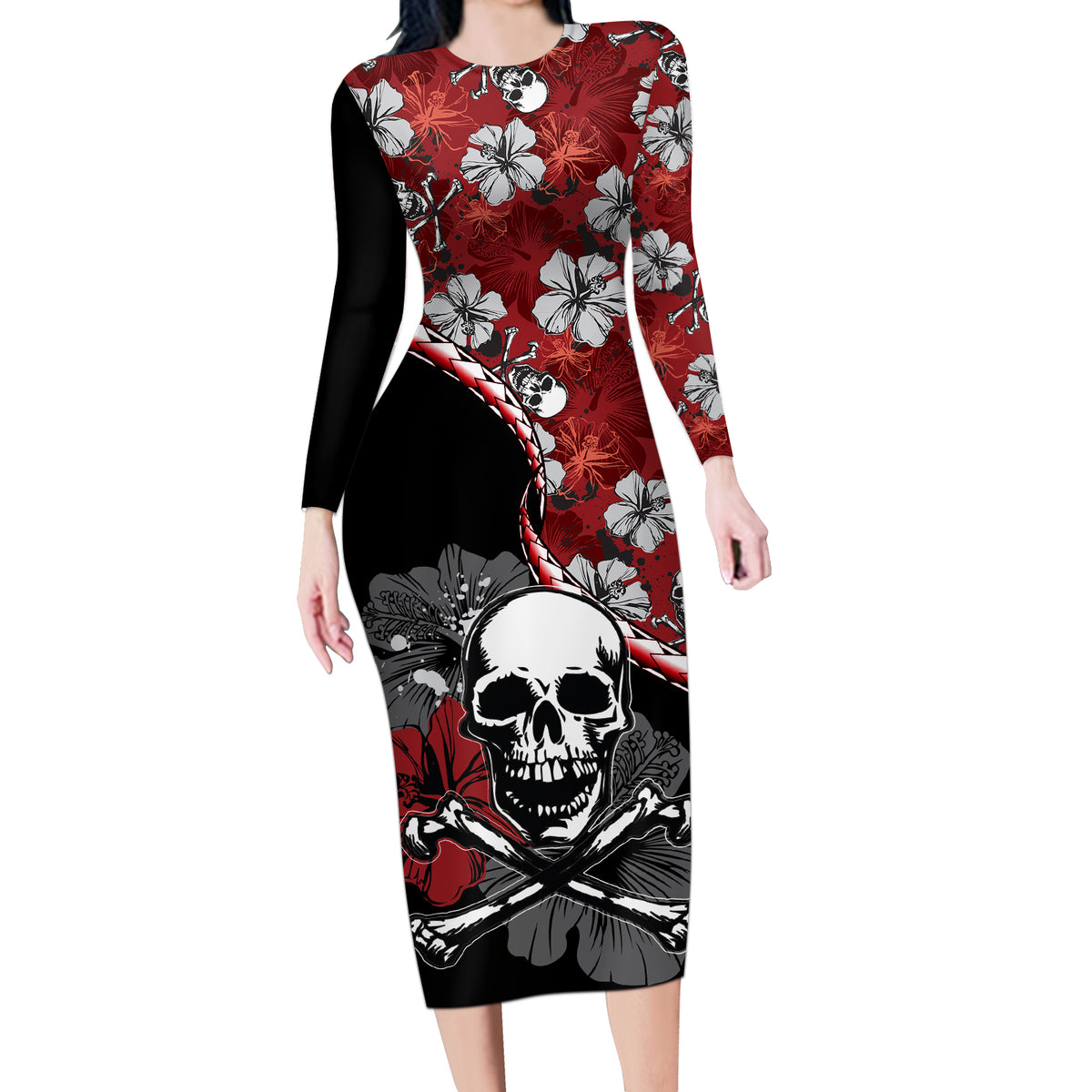 Hawaii Halloween Long Sleeve Bodycon Dress Hibiscus Skull Kakau Pattern - Wonder Print Shop
