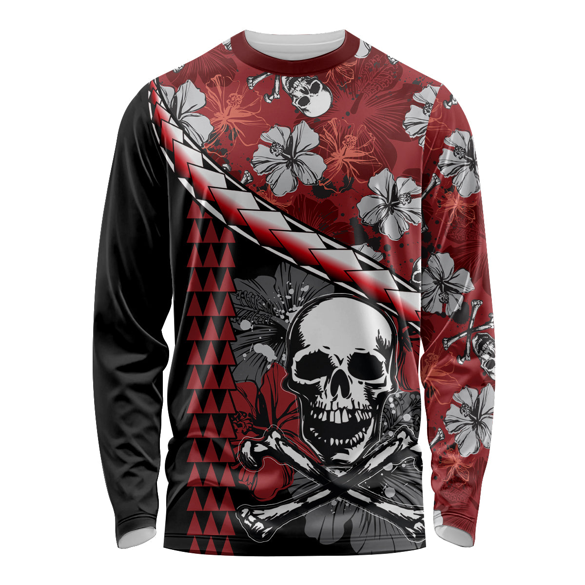 Hawaii Halloween Long Sleeve Shirt Hibiscus Skull Kakau Pattern - Wonder Print Shop