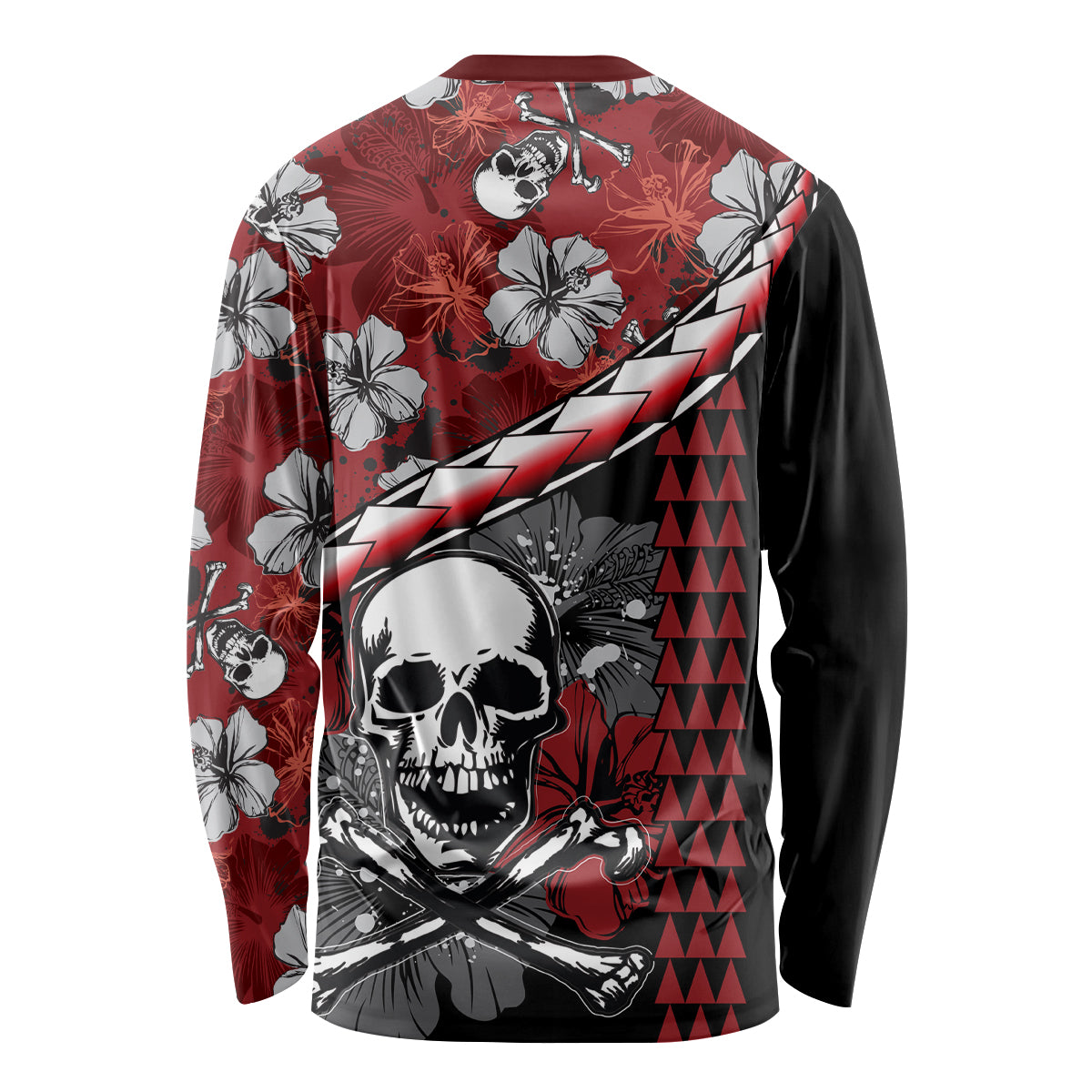 Hawaii Halloween Long Sleeve Shirt Hibiscus Skull Kakau Pattern - Wonder Print Shop