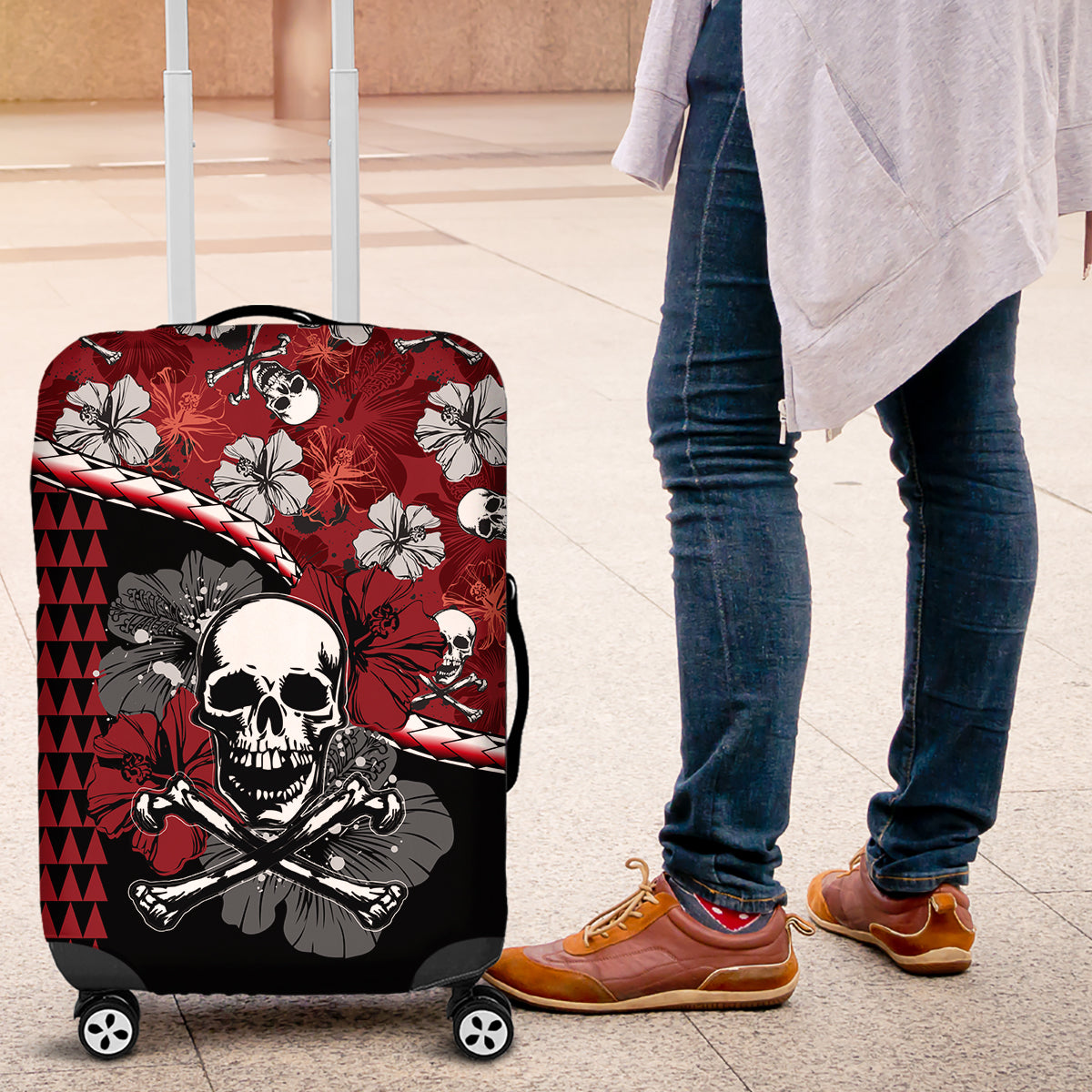 Hawaii Halloween Luggage Cover Hibiscus Skull Kakau Pattern - Wonder Print Shop