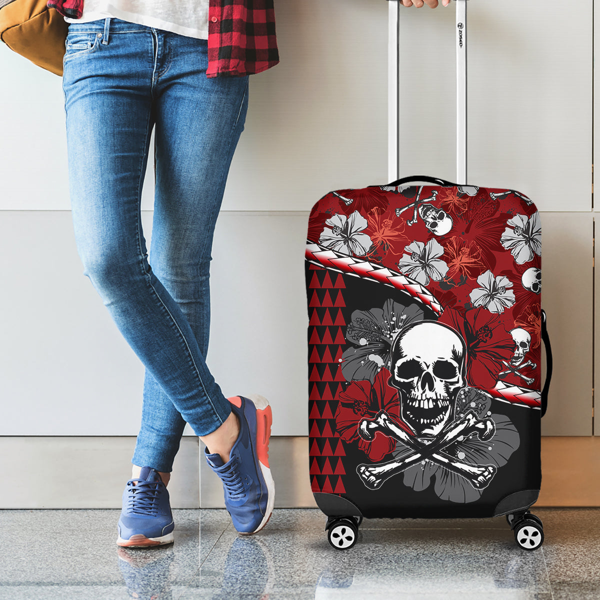 Hawaii Halloween Luggage Cover Hibiscus Skull Kakau Pattern - Wonder Print Shop