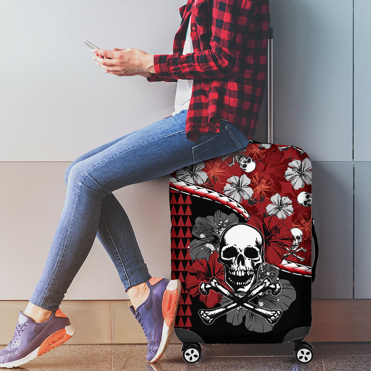 Hawaii Halloween Luggage Cover Hibiscus Skull Kakau Pattern - Wonder Print Shop