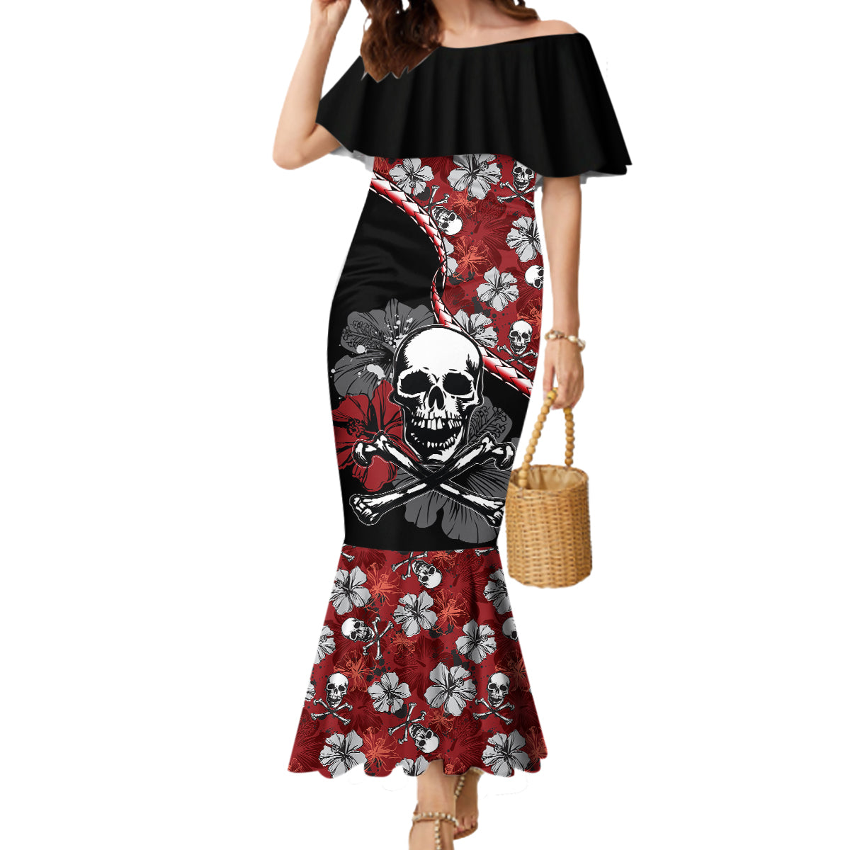 Hawaii Halloween Mermaid Dress Hibiscus Skull Kakau Pattern - Wonder Print Shop