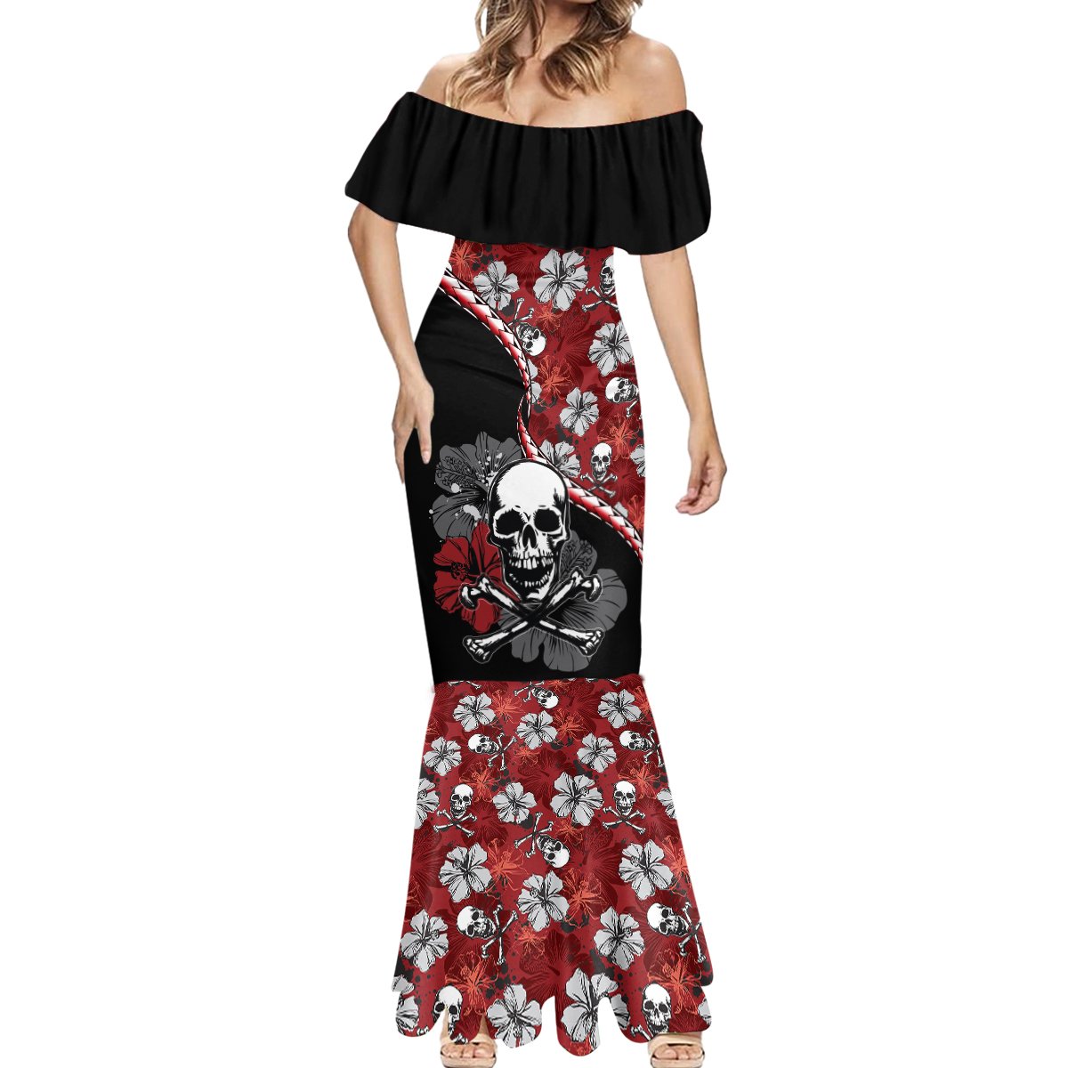 Hawaii Halloween Mermaid Dress Hibiscus Skull Kakau Pattern - Wonder Print Shop