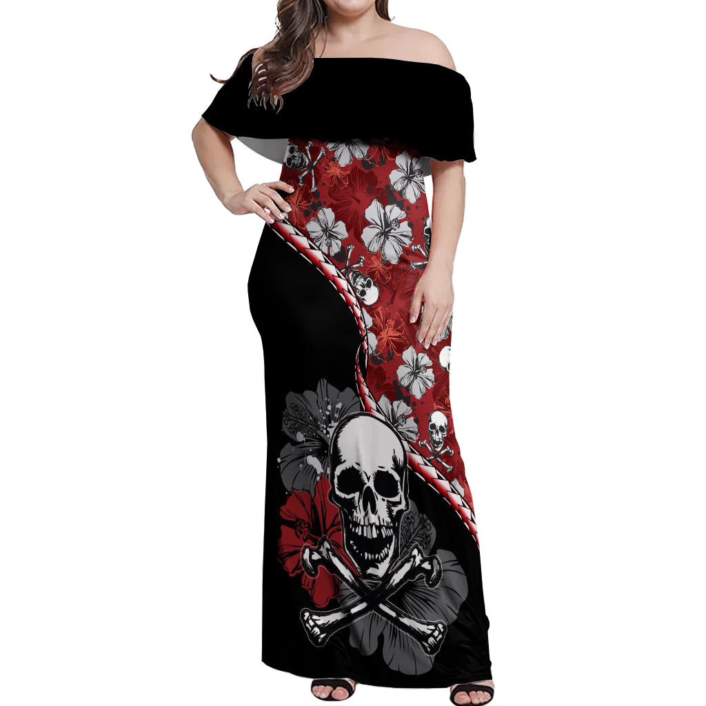 Hawaii Halloween Off Shoulder Maxi Dress Hibiscus Skull Kakau Pattern - Wonder Print Shop