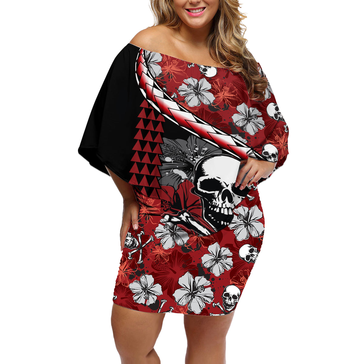 Hawaii Halloween Off Shoulder Short Dress Hibiscus Skull Kakau Pattern - Wonder Print Shop