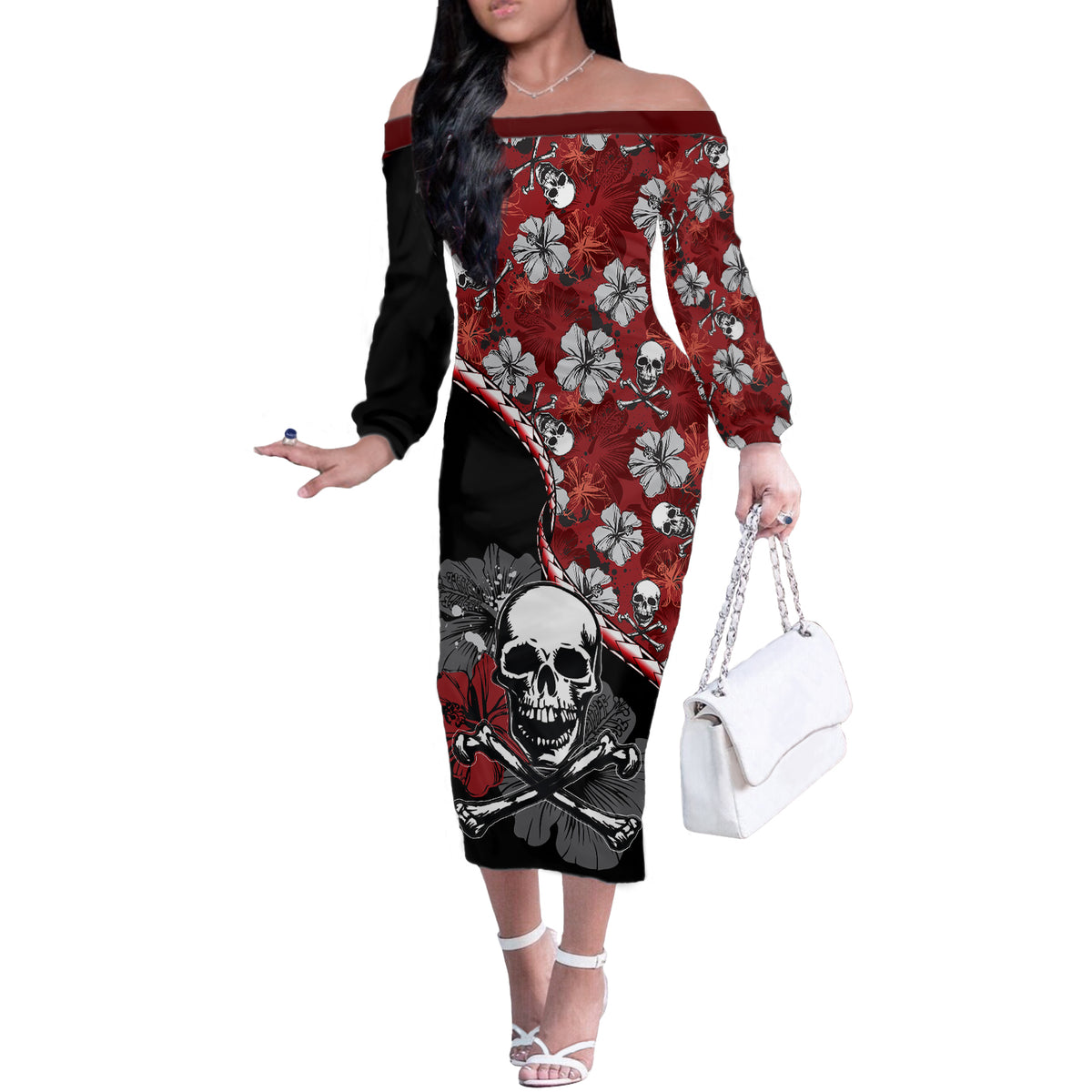 Hawaii Halloween Off The Shoulder Long Sleeve Dress Hibiscus Skull Kakau Pattern - Wonder Print Shop