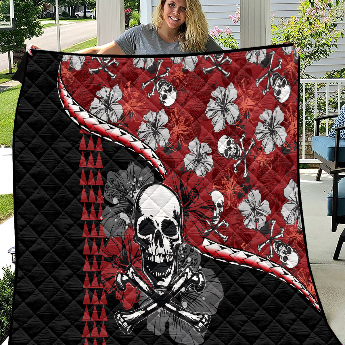 Hawaii Halloween Quilt Hibiscus Skull Kakau Pattern - Wonder Print Shop
