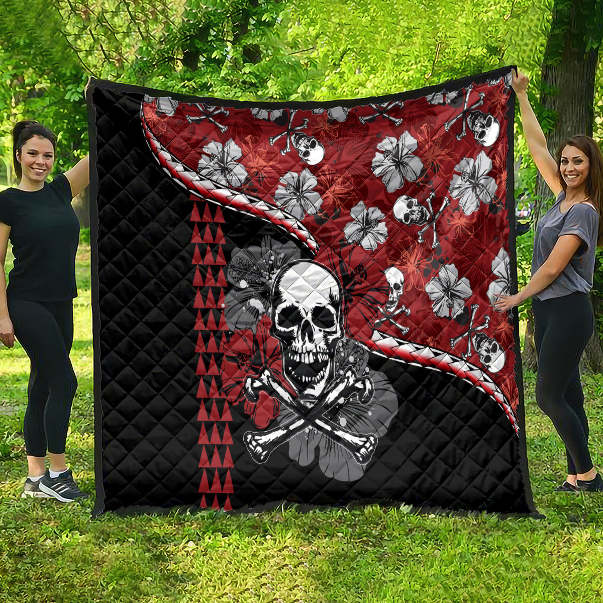 Hawaii Halloween Quilt Hibiscus Skull Kakau Pattern - Wonder Print Shop