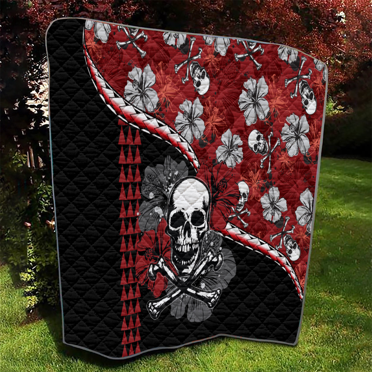 Hawaii Halloween Quilt Hibiscus Skull Kakau Pattern - Wonder Print Shop