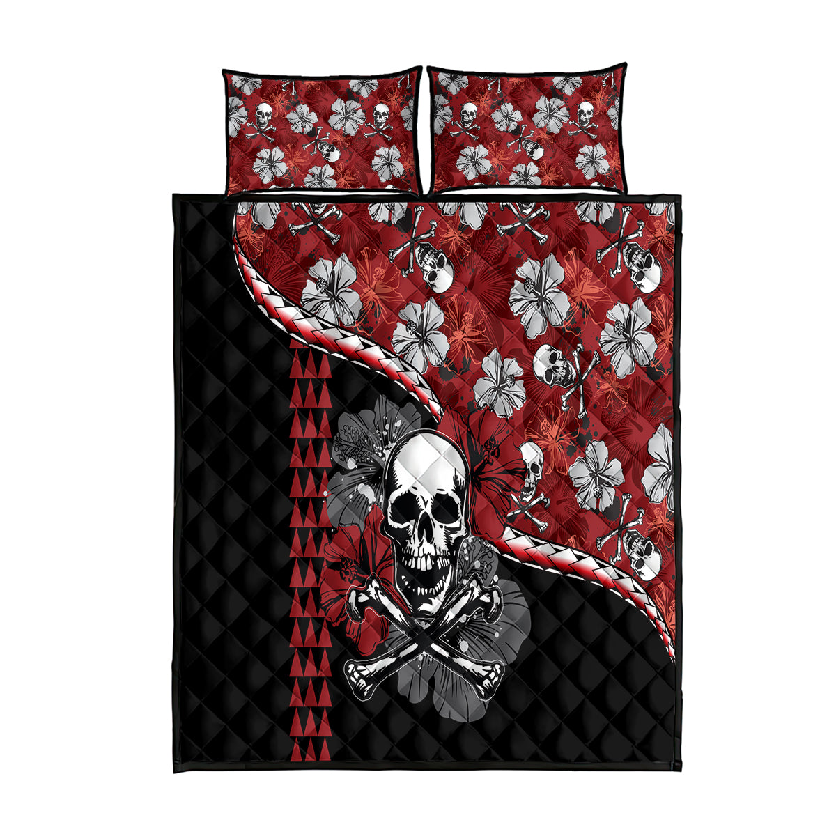 Hawaii Halloween Quilt Bed Set Hibiscus Skull Kakau Pattern - Wonder Print Shop