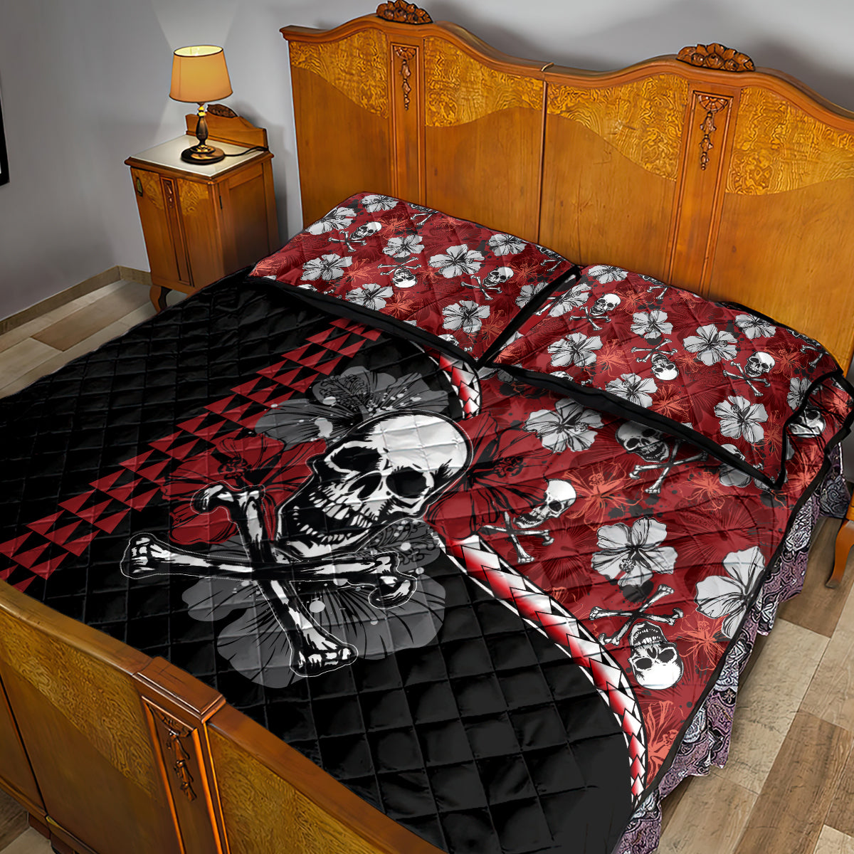 Hawaii Halloween Quilt Bed Set Hibiscus Skull Kakau Pattern - Wonder Print Shop