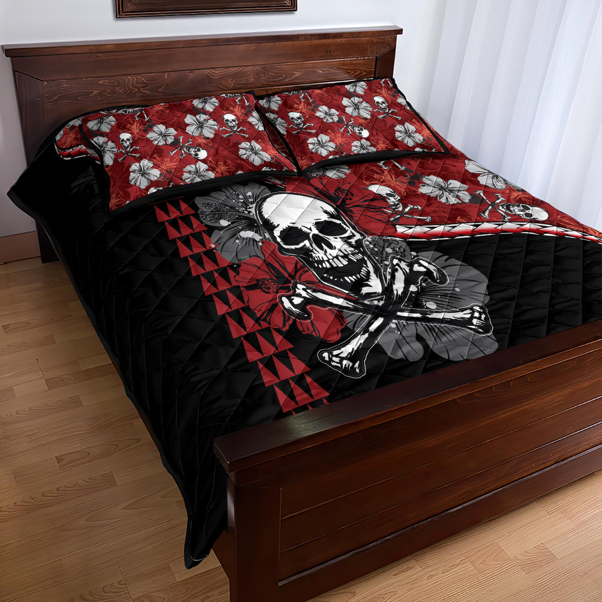 Hawaii Halloween Quilt Bed Set Hibiscus Skull Kakau Pattern - Wonder Print Shop