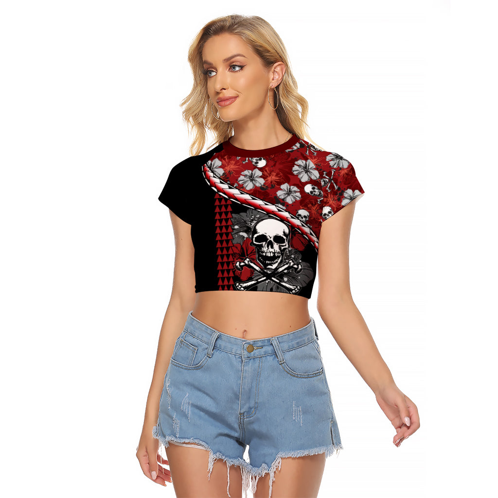 Hawaii Halloween Raglan Cropped T Shirt Hibiscus Skull Kakau Pattern - Wonder Print Shop