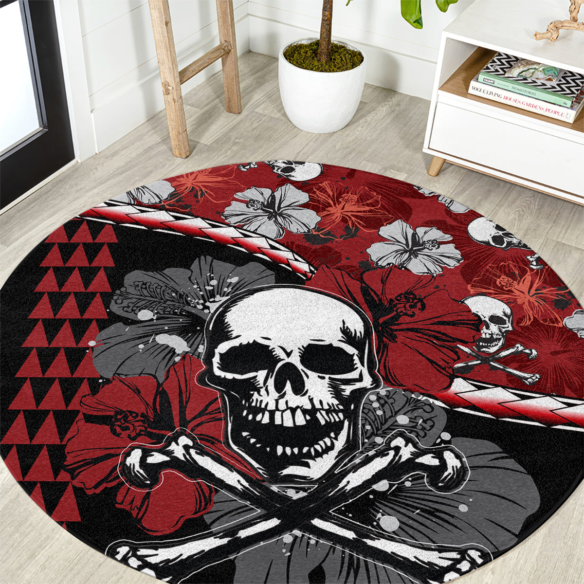 hawaii-halloween-round-carpet-hibiscus-skull-kakau-pattern