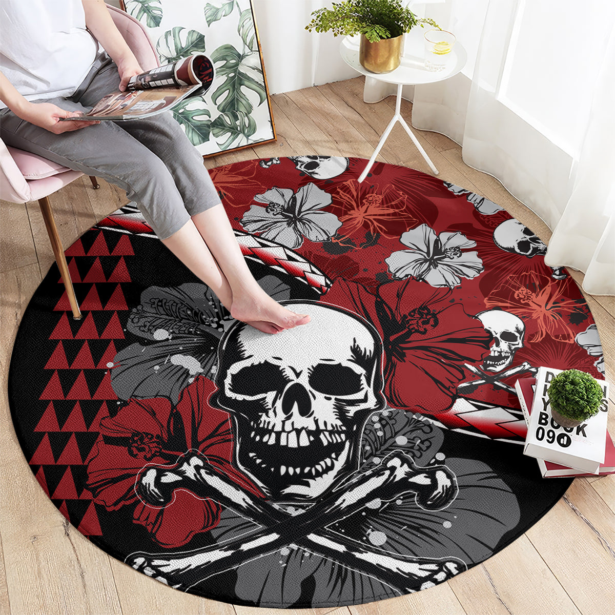 hawaii-halloween-round-carpet-hibiscus-skull-kakau-pattern
