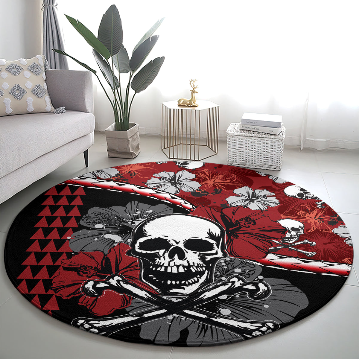 hawaii-halloween-round-carpet-hibiscus-skull-kakau-pattern