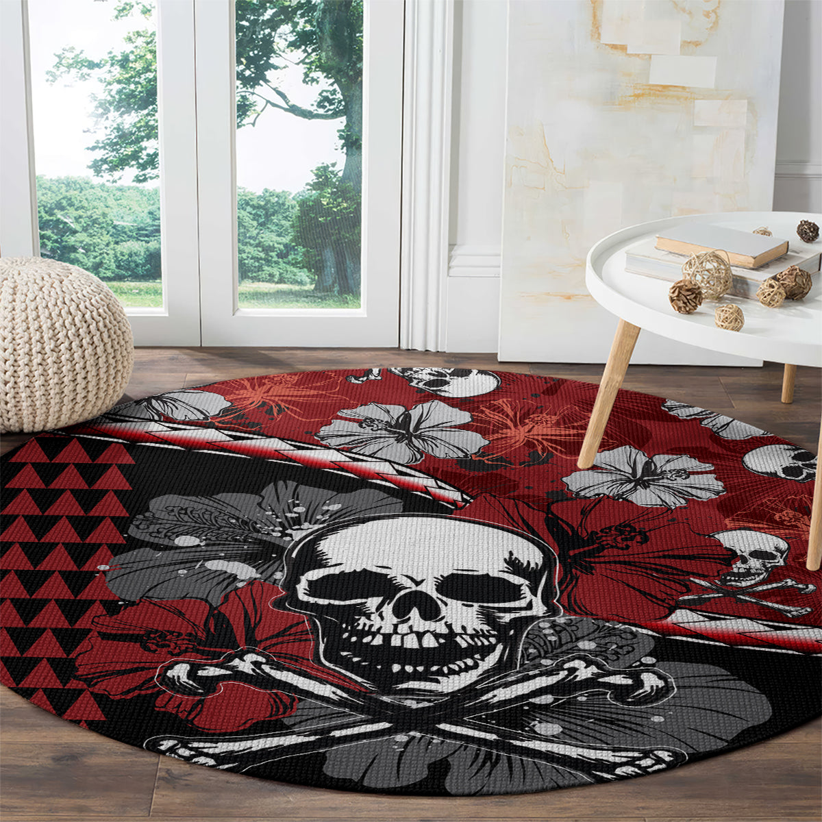 hawaii-halloween-round-carpet-hibiscus-skull-kakau-pattern