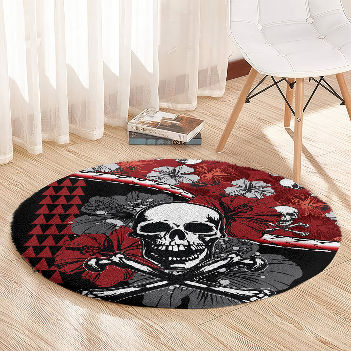 hawaii-halloween-round-carpet-hibiscus-skull-kakau-pattern
