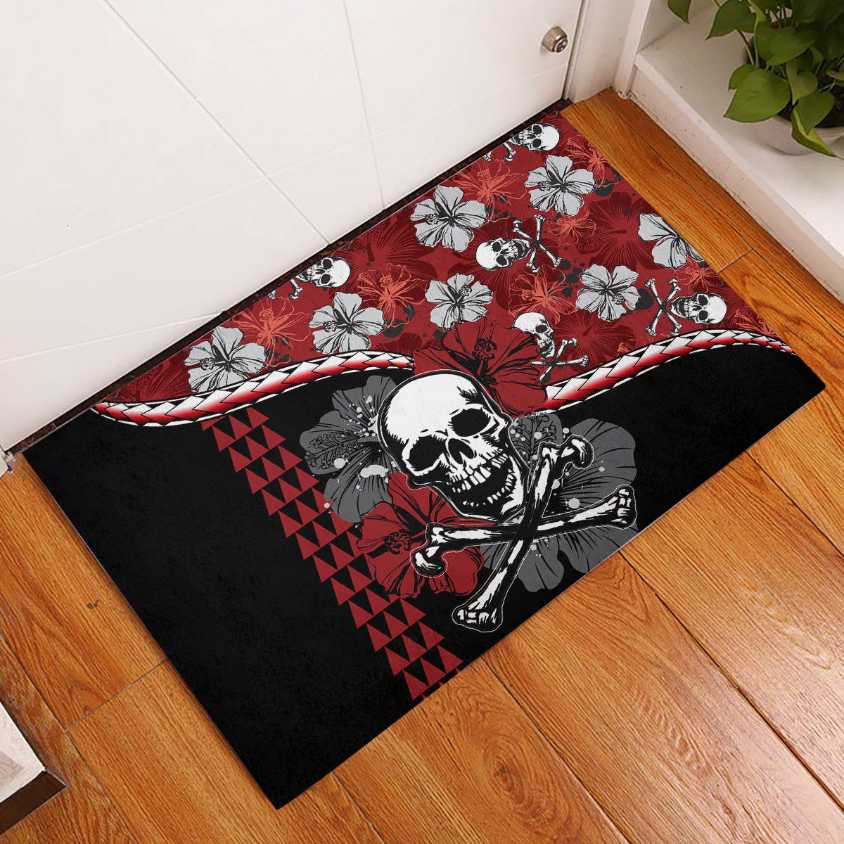 Hawaii Halloween Rubber Doormat Hibiscus Skull Kakau Pattern - Wonder Print Shop