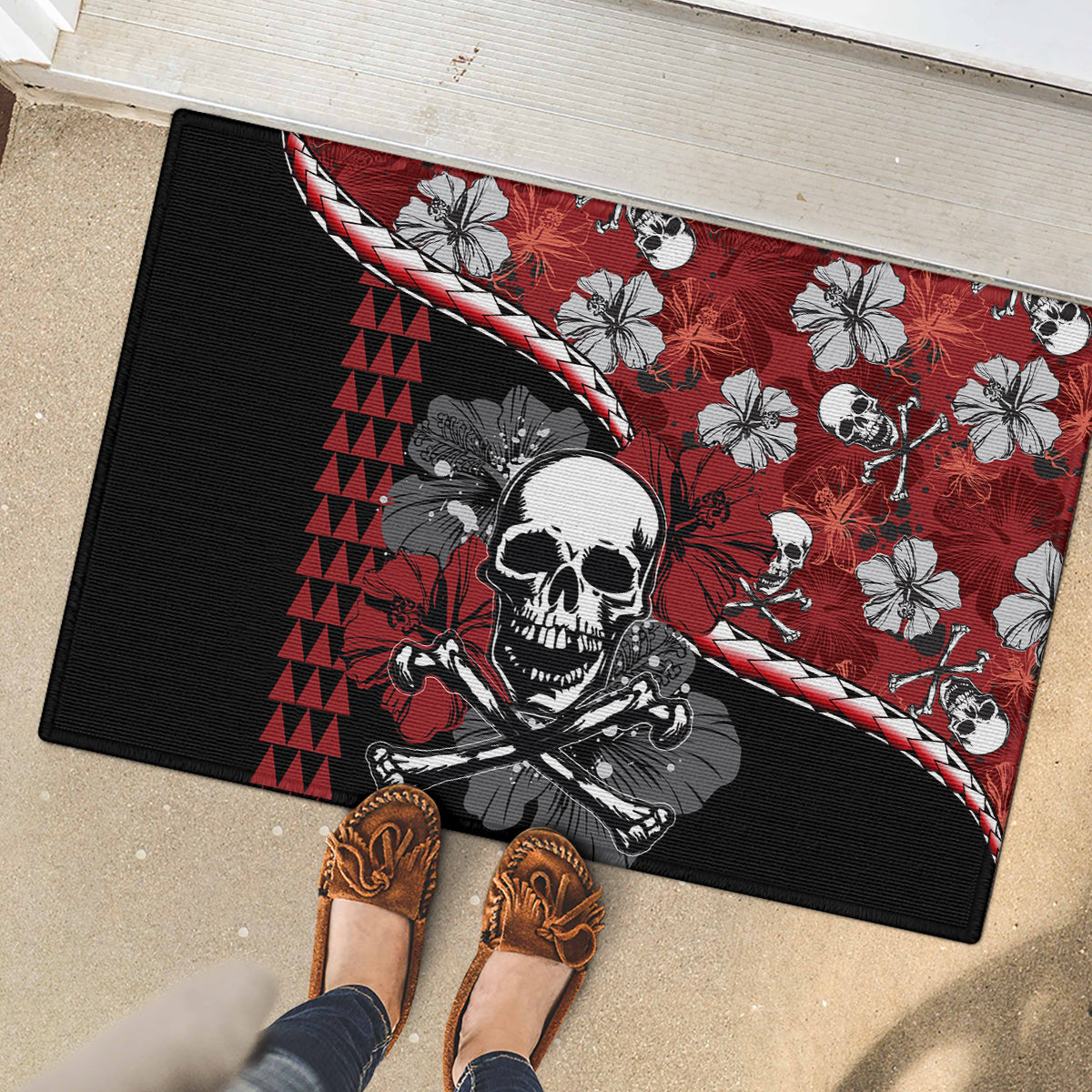 Hawaii Halloween Rubber Doormat Hibiscus Skull Kakau Pattern - Wonder Print Shop