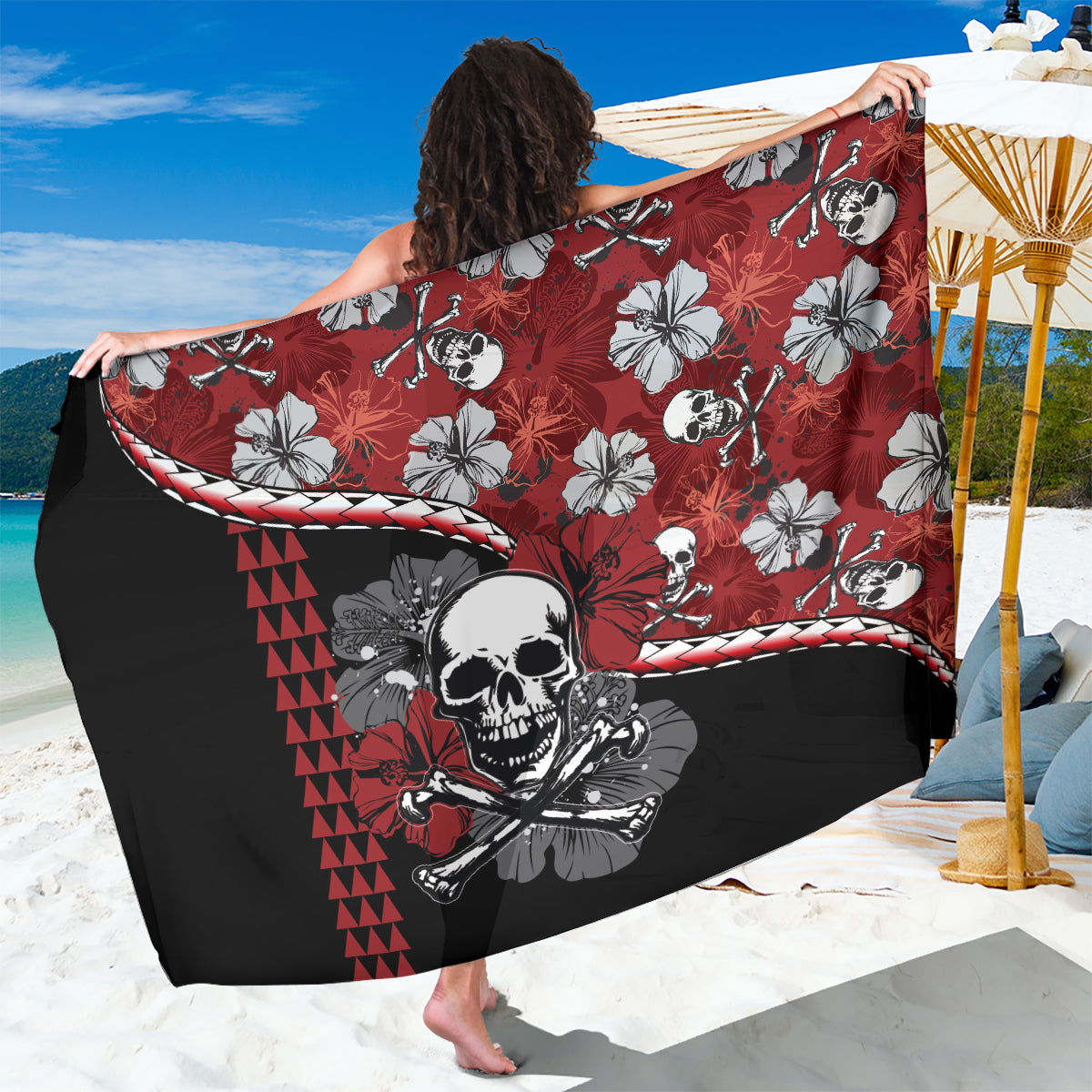 Hawaii Halloween Sarong Hibiscus Skull Kakau Pattern - Wonder Print Shop