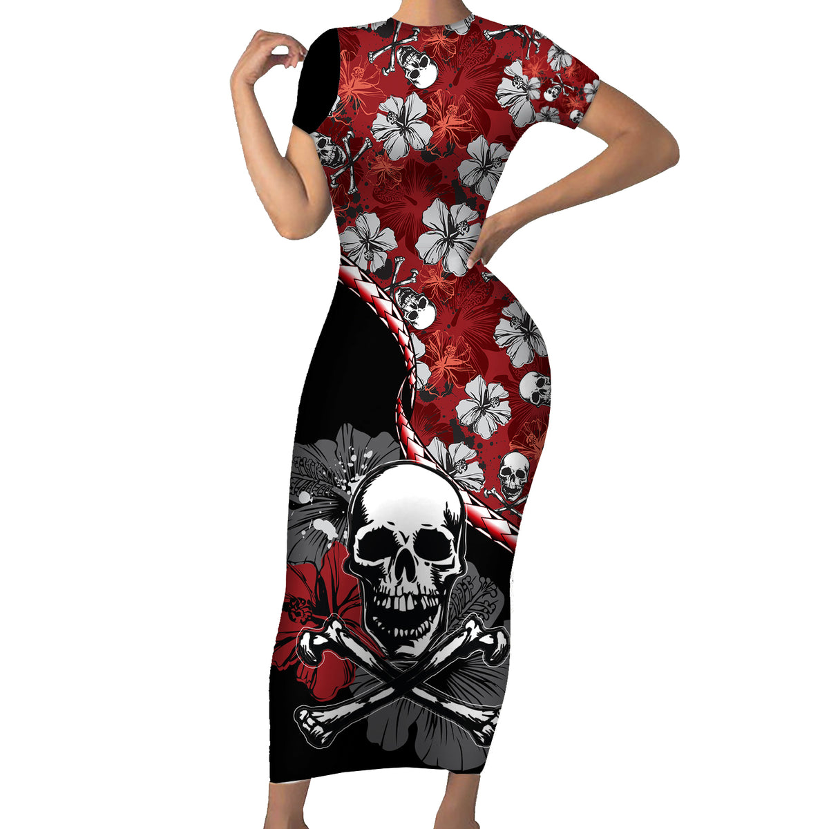 Hawaii Halloween Short Sleeve Bodycon Dress Hibiscus Skull Kakau Pattern - Wonder Print Shop