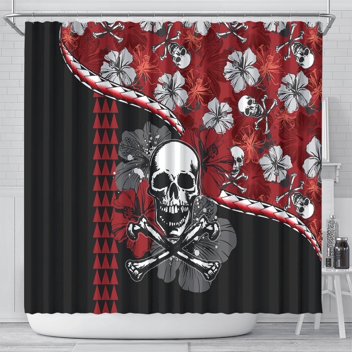 hawaii-halloween-shower-curtain-hibiscus-skull-kakau-pattern