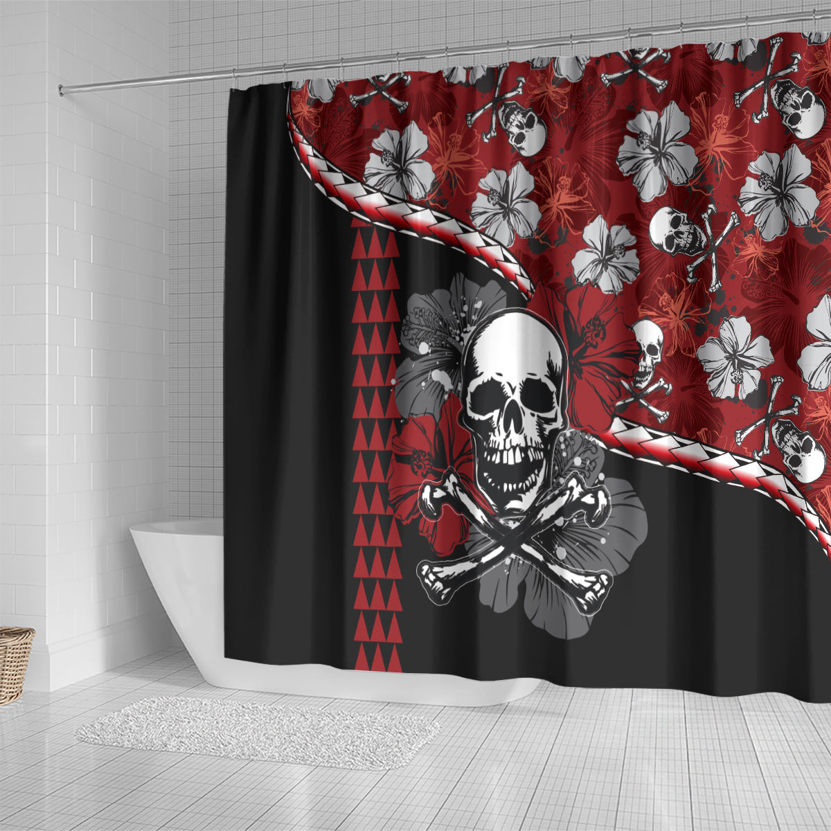 hawaii-halloween-shower-curtain-hibiscus-skull-kakau-pattern