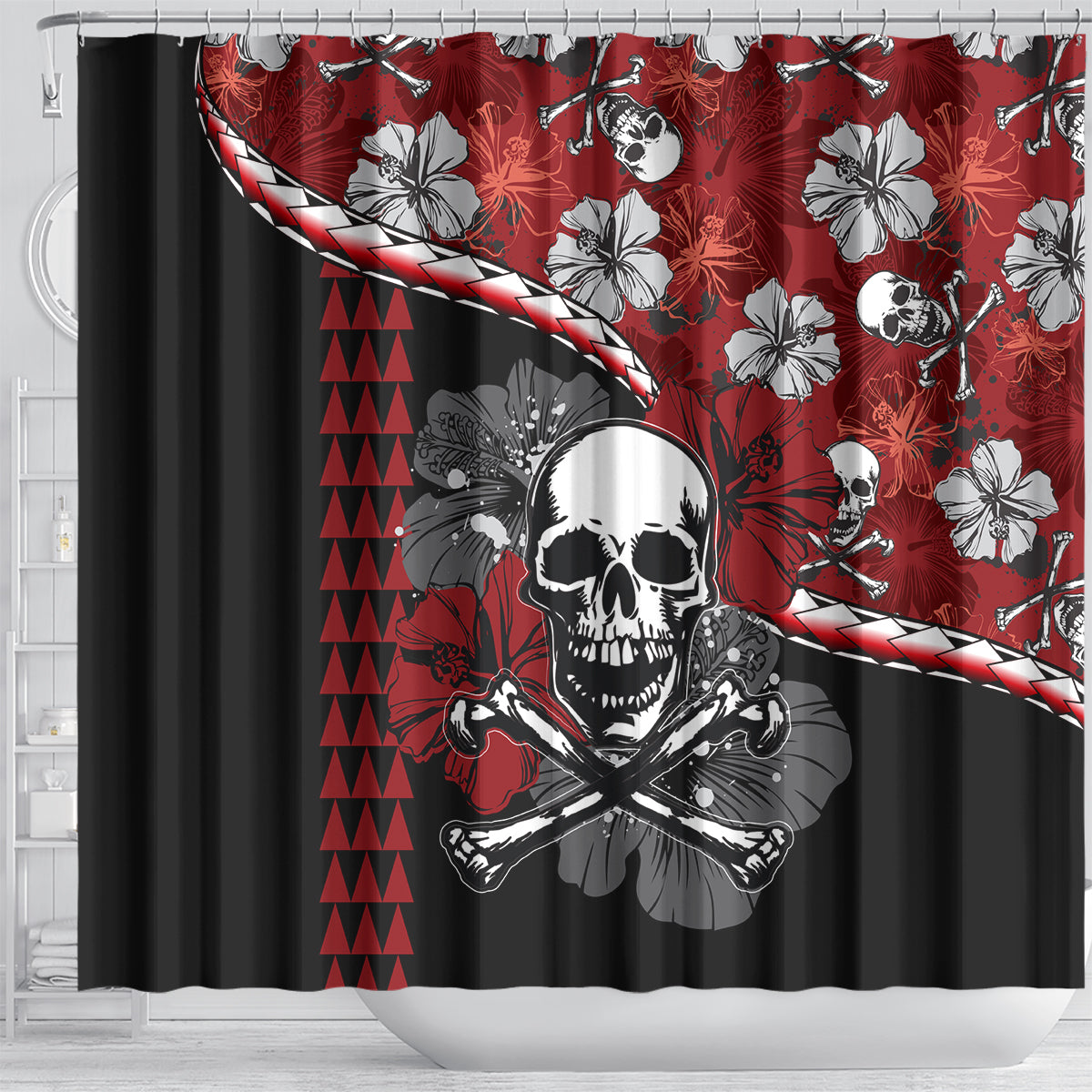 hawaii-halloween-shower-curtain-hibiscus-skull-kakau-pattern