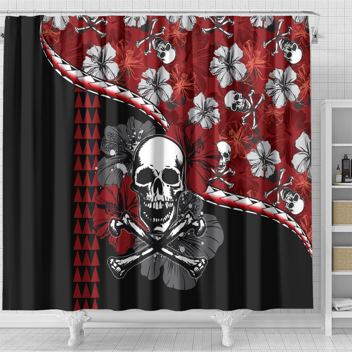 hawaii-halloween-shower-curtain-hibiscus-skull-kakau-pattern