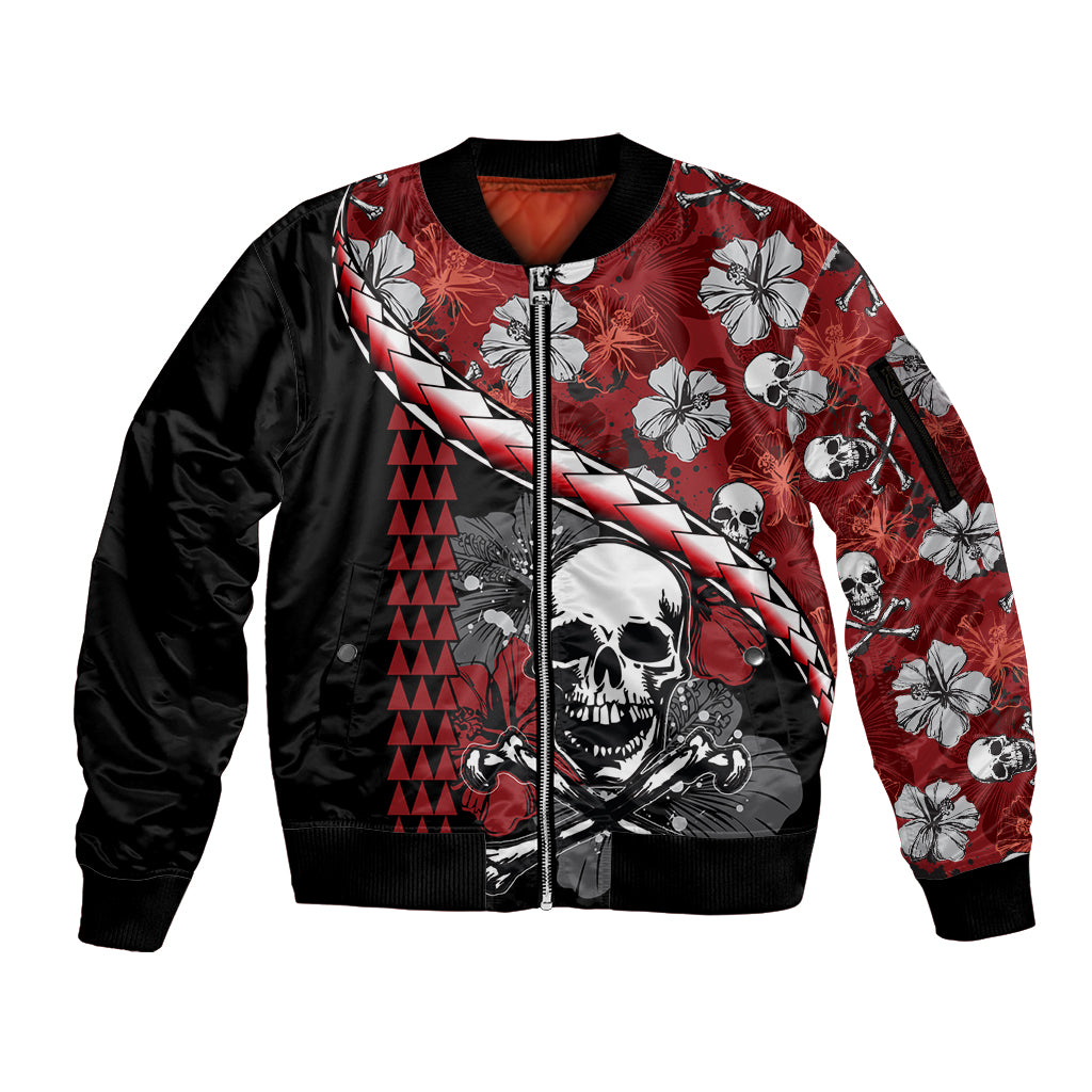 Hawaii Halloween Sleeve Zip Bomber Jacket Hibiscus Skull Kakau Pattern - Wonder Print Shop