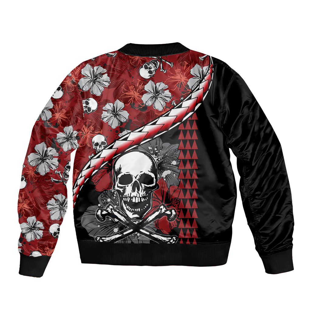 Hawaii Halloween Sleeve Zip Bomber Jacket Hibiscus Skull Kakau Pattern - Wonder Print Shop