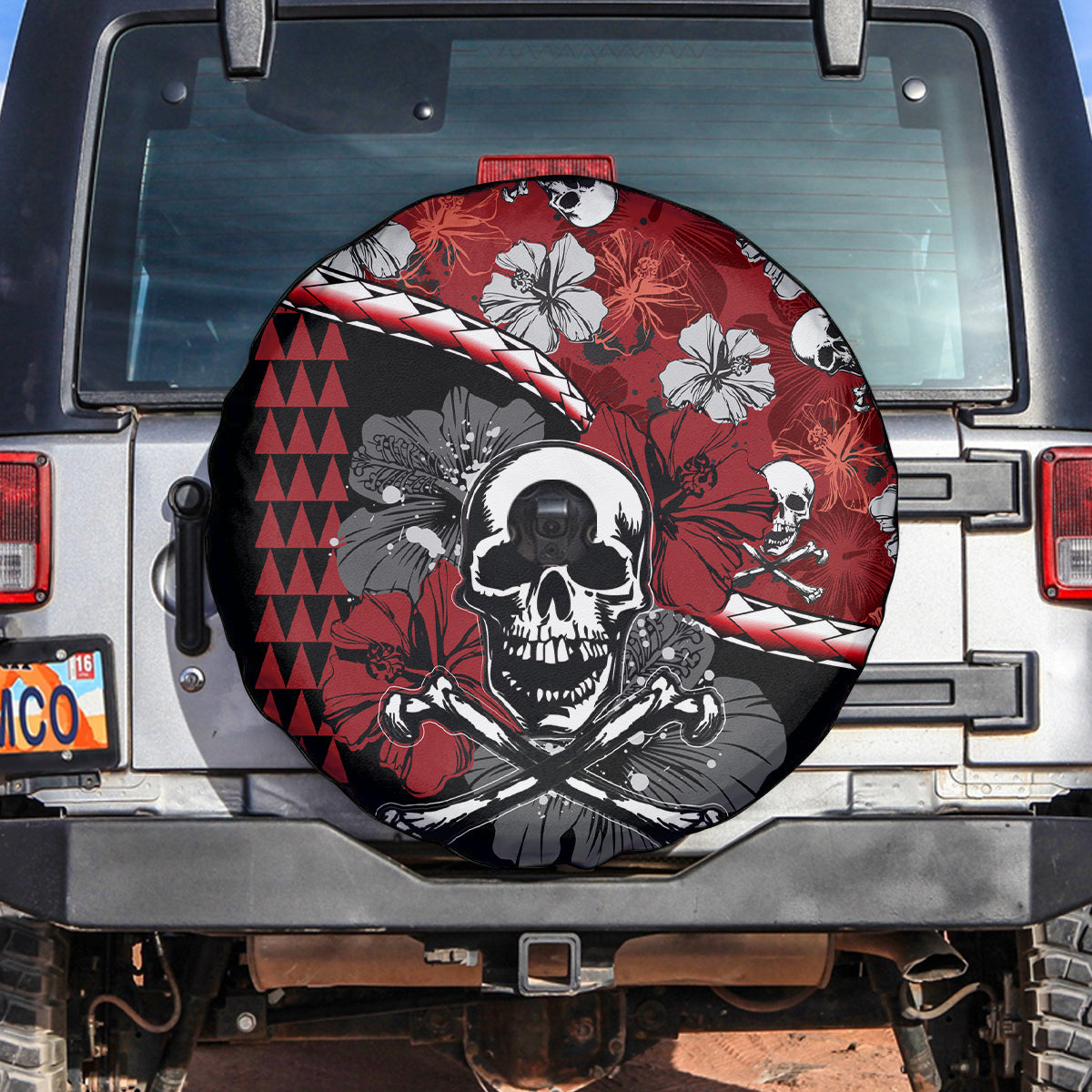 Hawaii Halloween Spare Tire Cover Hibiscus Skull Kakau Pattern - Wonder Print Shop