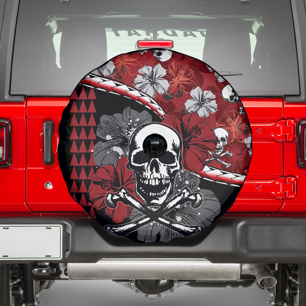Hawaii Halloween Spare Tire Cover Hibiscus Skull Kakau Pattern - Wonder Print Shop