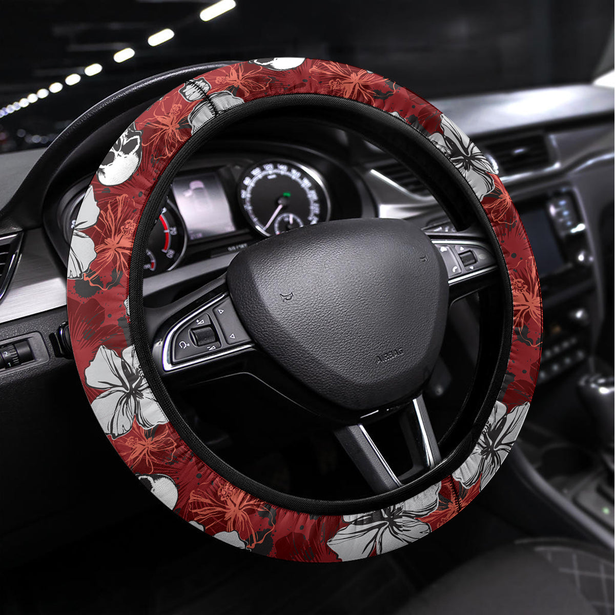 Hawaii Halloween Steering Wheel Cover Hibiscus Skull Kakau Pattern - Wonder Print Shop
