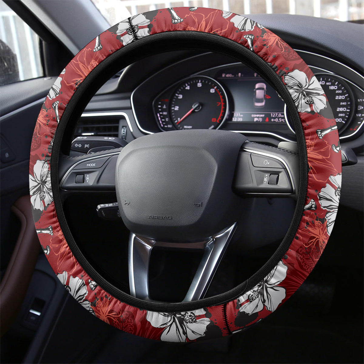 Hawaii Halloween Steering Wheel Cover Hibiscus Skull Kakau Pattern - Wonder Print Shop