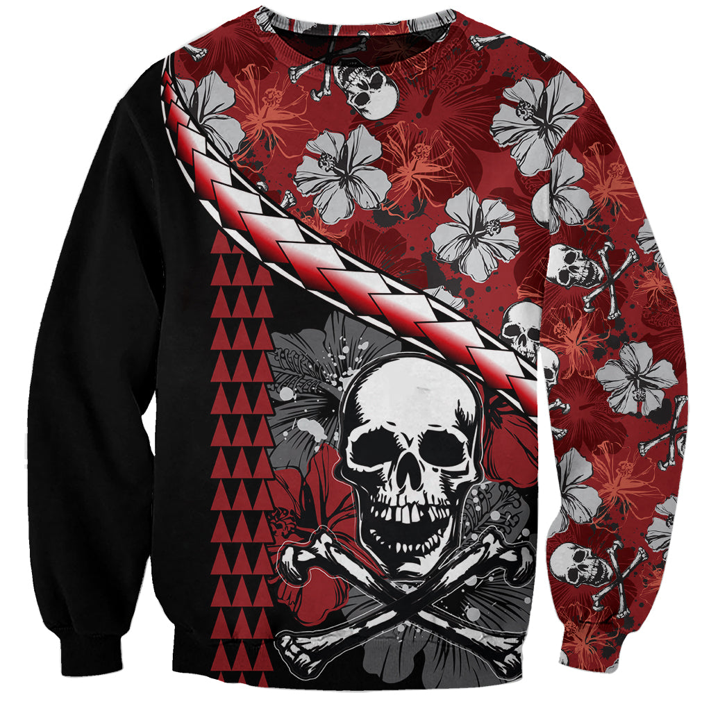 Hawaii Halloween Sweatshirt Hibiscus Skull Kakau Pattern - Wonder Print Shop