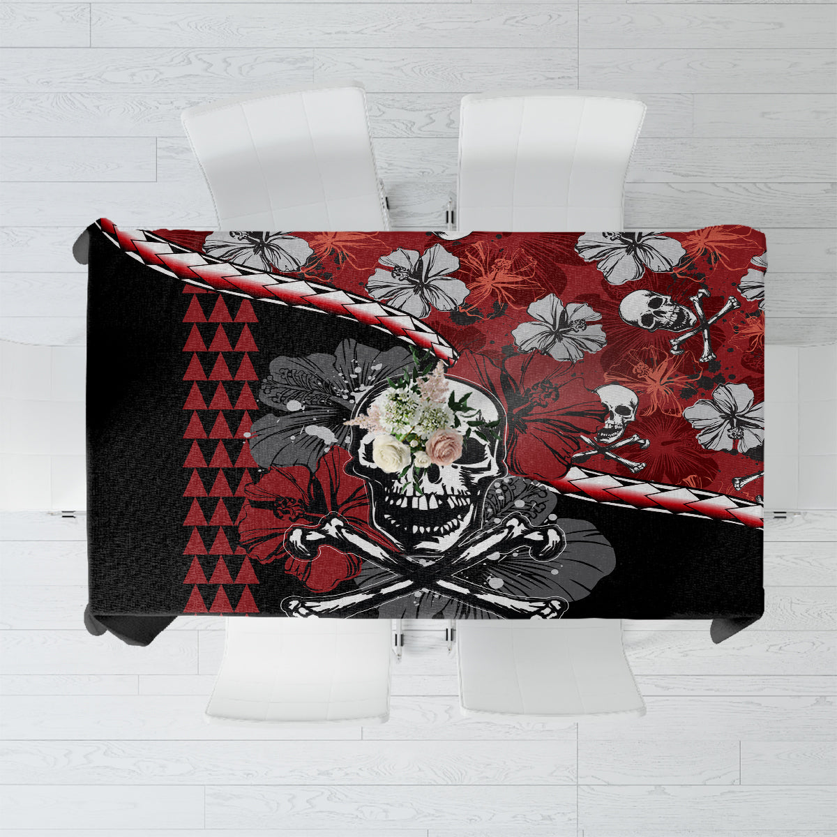 Hawaii Halloween Tablecloth Hibiscus Skull Kakau Pattern - Wonder Print Shop