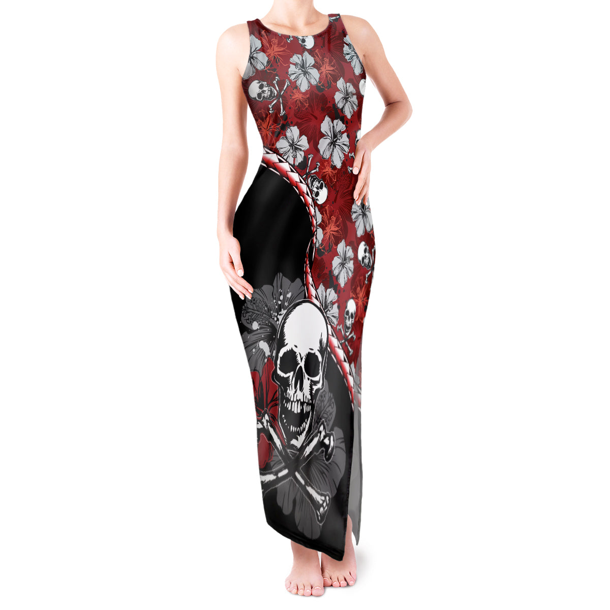 Hawaii Halloween Tank Maxi Dress Hibiscus Skull Kakau Pattern - Wonder Print Shop