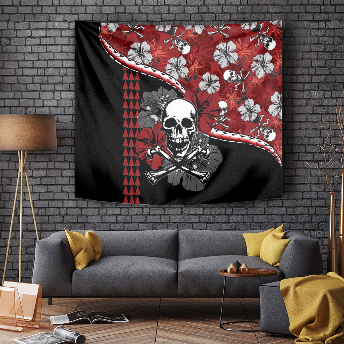 Hawaii Halloween Tapestry Hibiscus Skull Kakau Pattern - Wonder Print Shop