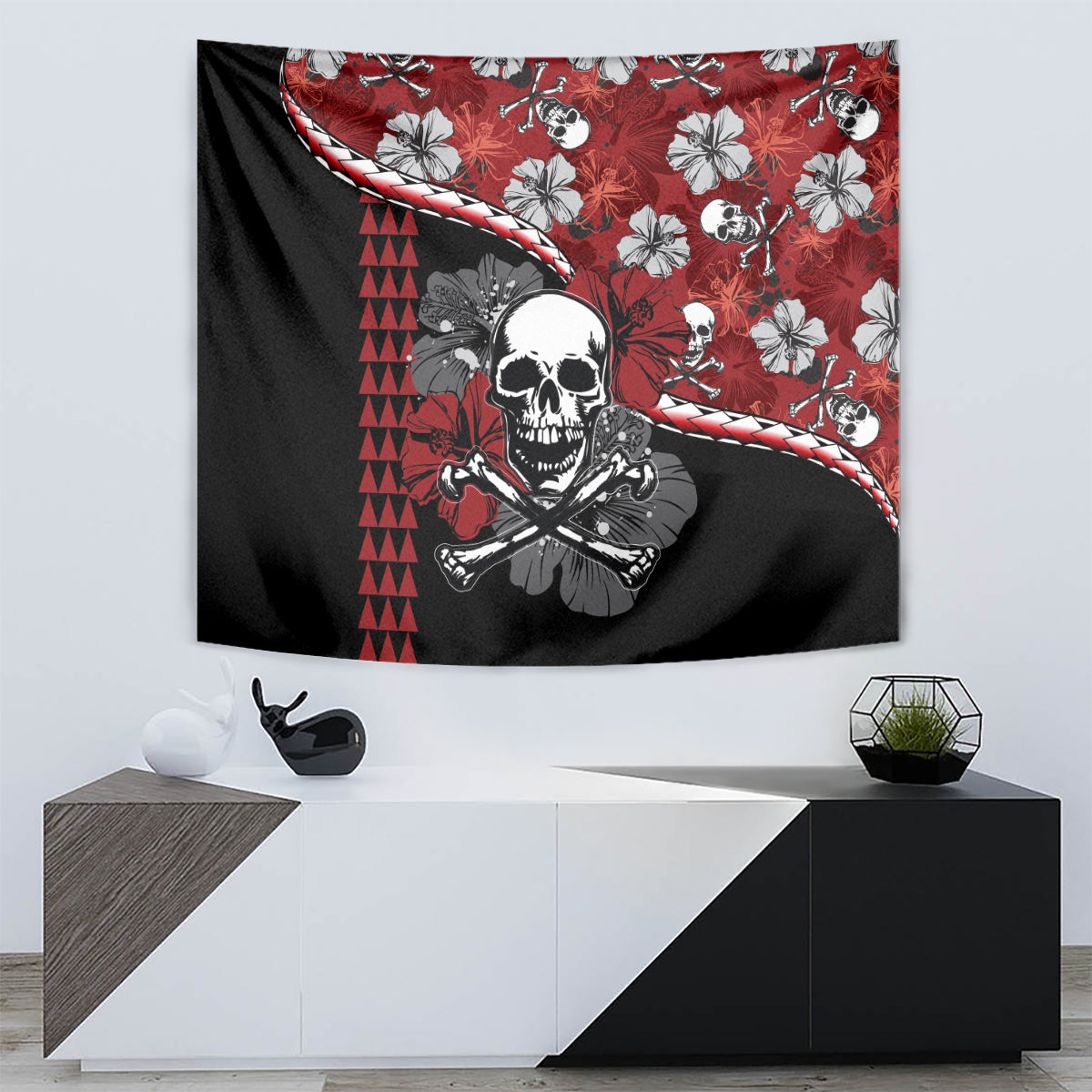 Hawaii Halloween Tapestry Hibiscus Skull Kakau Pattern - Wonder Print Shop