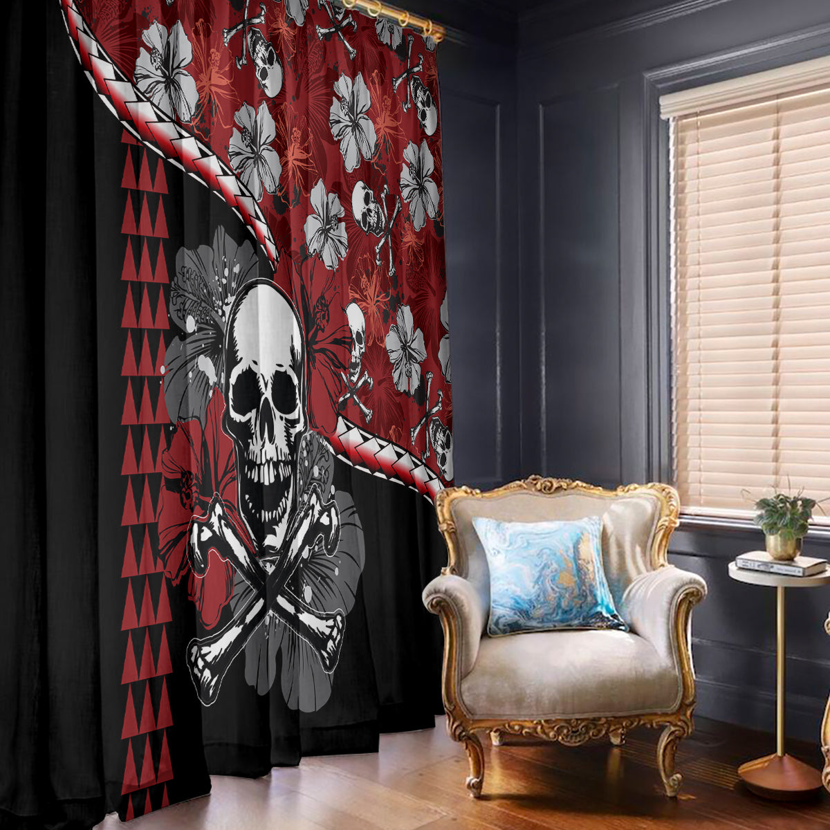 Hawaii Halloween Window Curtain Hibiscus Skull Kakau Pattern - Wonder Print Shop
