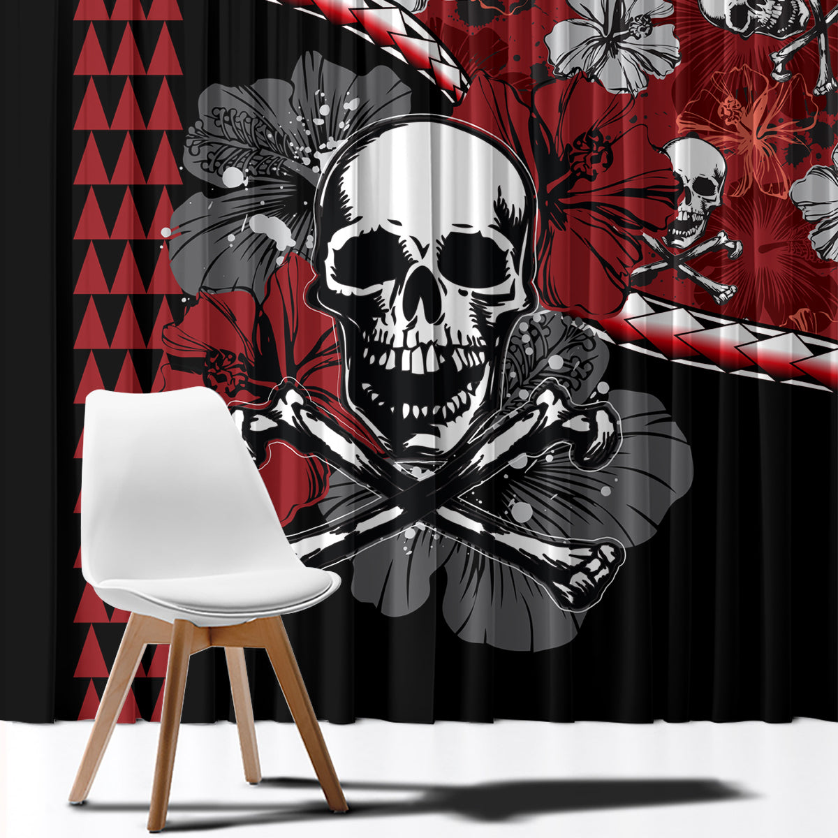 Hawaii Halloween Window Curtain Hibiscus Skull Kakau Pattern - Wonder Print Shop