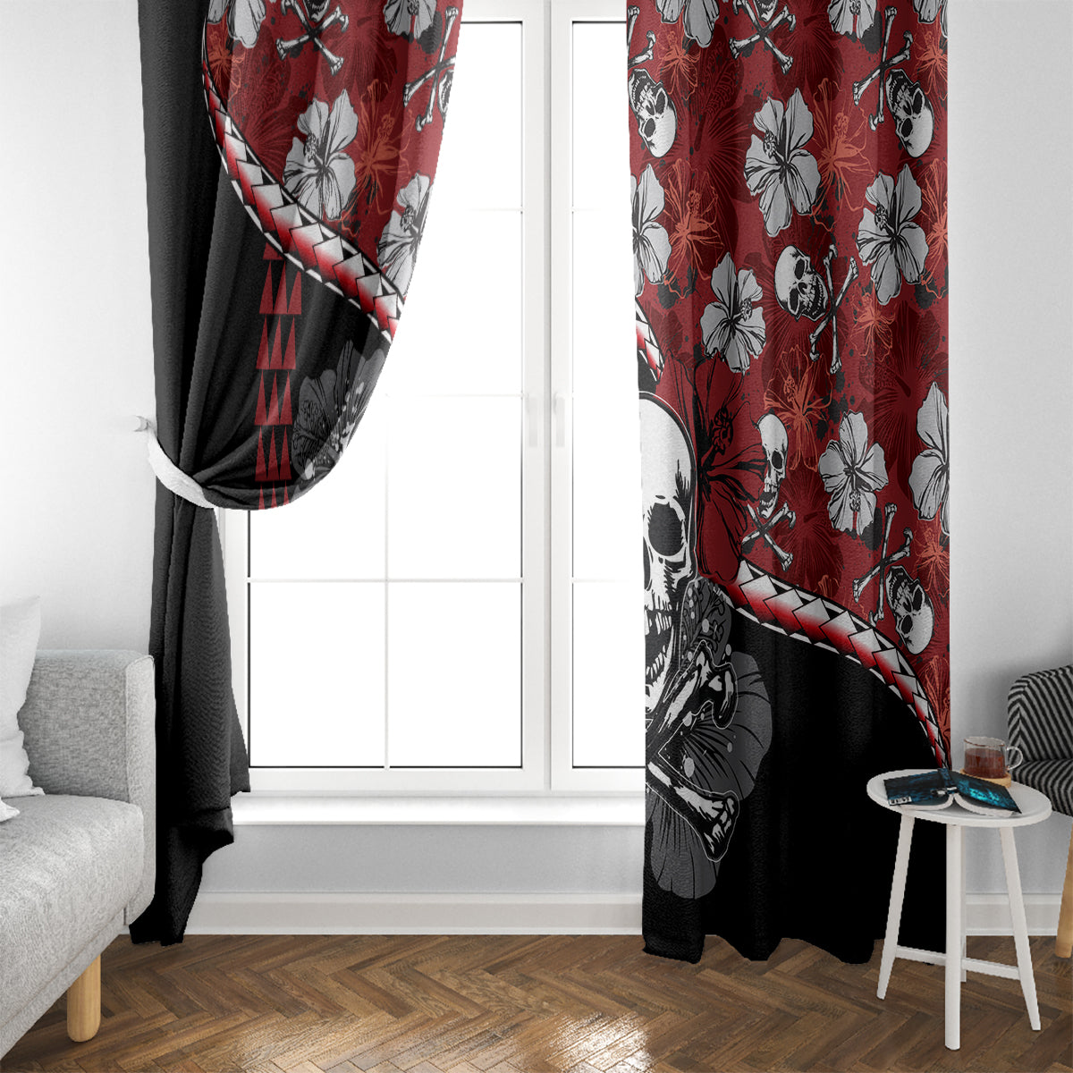 Hawaii Halloween Window Curtain Hibiscus Skull Kakau Pattern - Wonder Print Shop