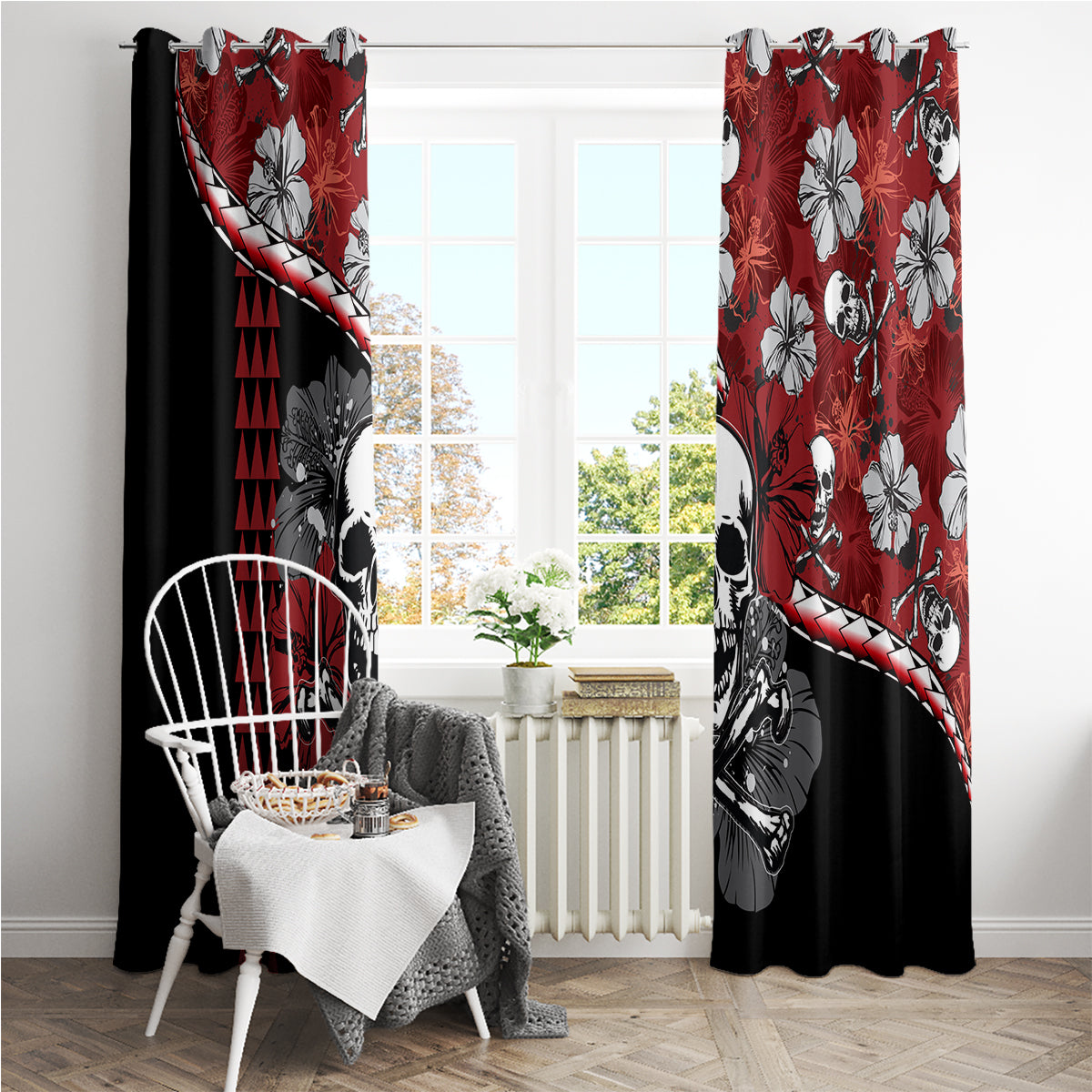 Hawaii Halloween Window Curtain Hibiscus Skull Kakau Pattern - Wonder Print Shop
