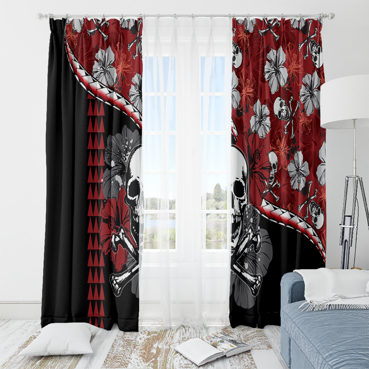 Hawaii Halloween Window Curtain Hibiscus Skull Kakau Pattern - Wonder Print Shop