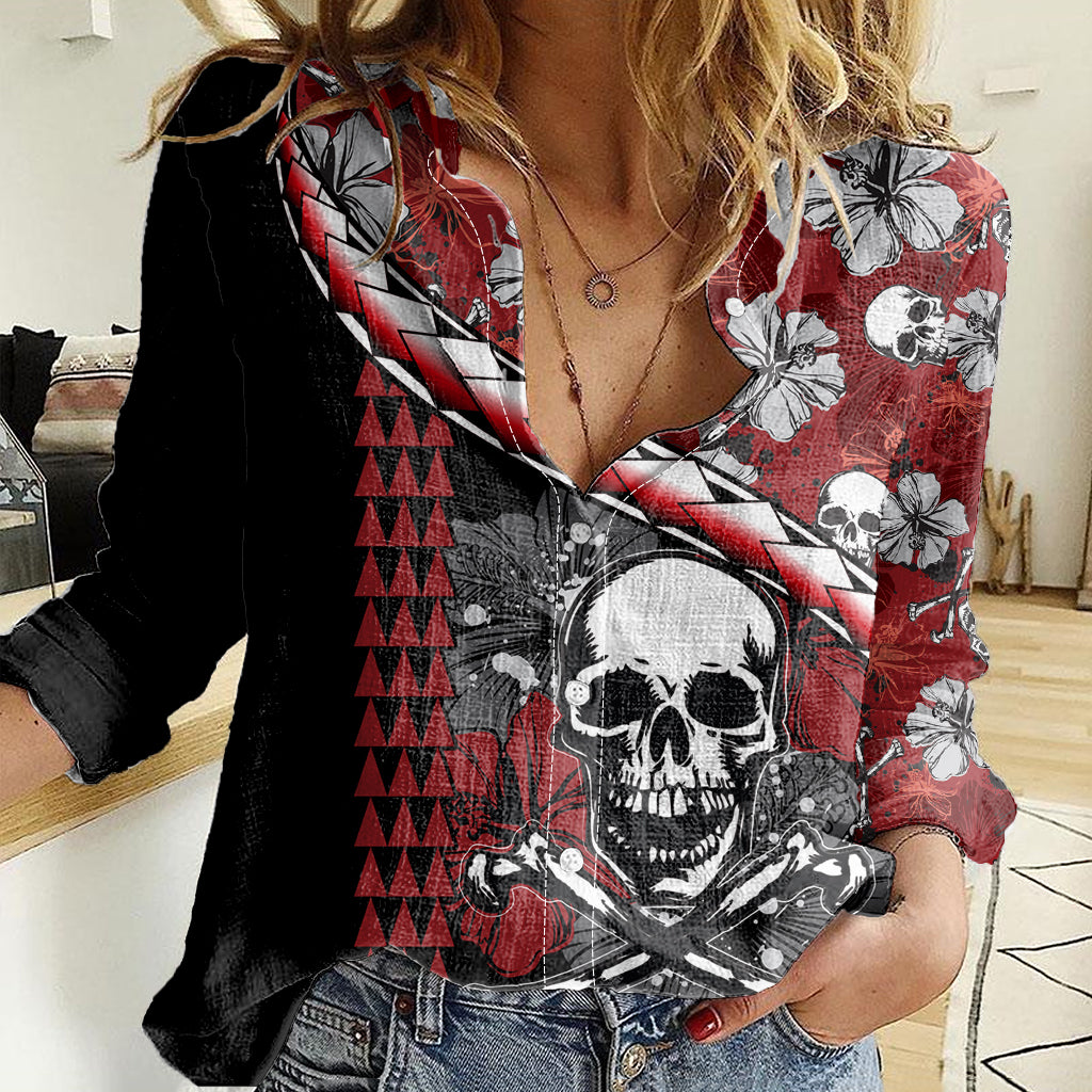 Hawaii Halloween Women Casual Shirt Hibiscus Skull Kakau Pattern - Wonder Print Shop