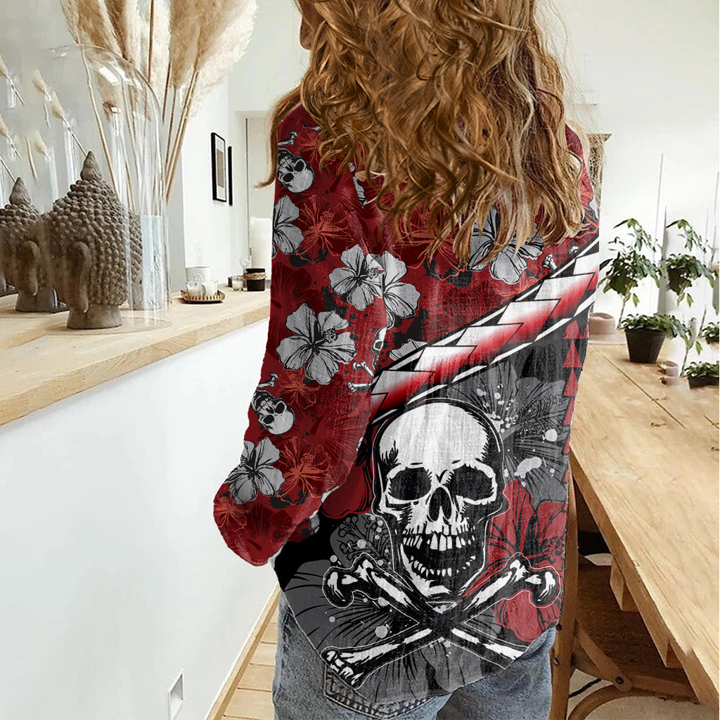 Hawaii Halloween Women Casual Shirt Hibiscus Skull Kakau Pattern - Wonder Print Shop