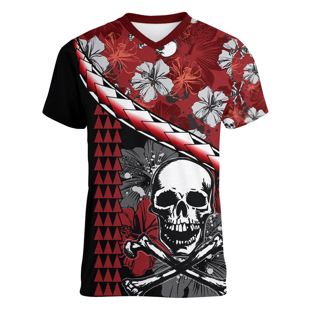 Hawaii Halloween Women V Neck T Shirt Hibiscus Skull Kakau Pattern - Wonder Print Shop